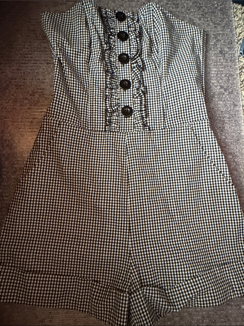 bebe Black and White Gingham Strapless Romper